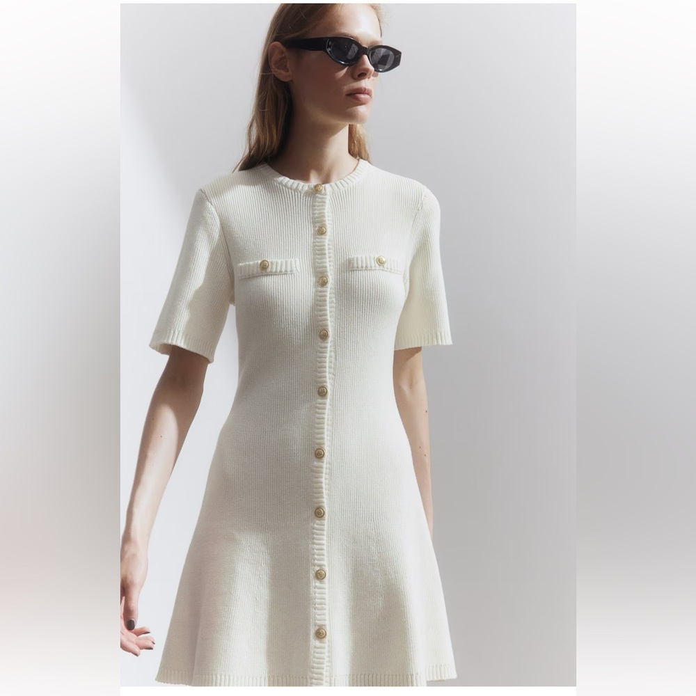 Cream Short Sleeve Button-Up Dress